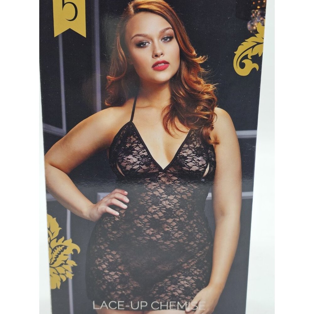 Baci Lingerie Women's Queen Size 14-18 Black Sexy Sheer Lace-Up Chemise